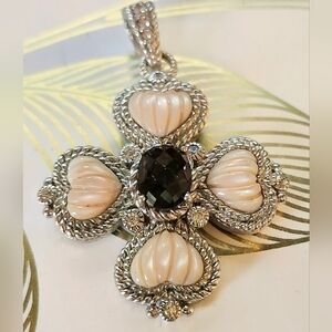 Judith Ripka 925 Pink MOP, Smoky Quartz, & CZ Cross Necklace Pendant